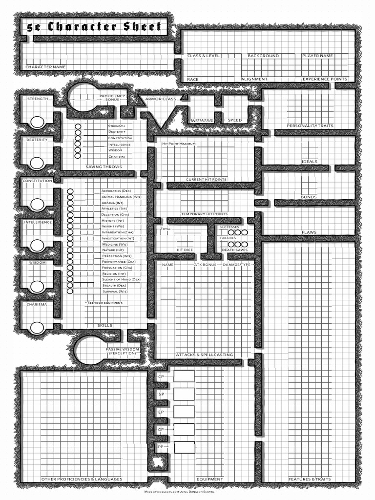 Dungeon Map 5e Character Sheet Fillable - Dicegeeks | PDF