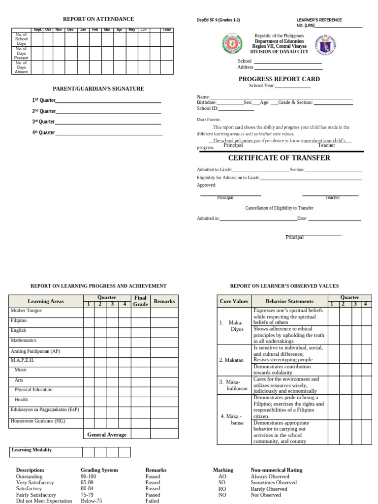 SF9 Progress Report for Grades 1-2 | PDF