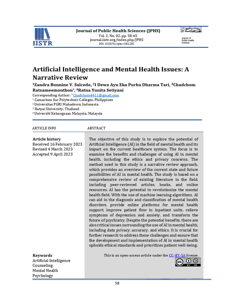 Artificial Intelligence and Mental Health Issues: A Narrative Review | PDF