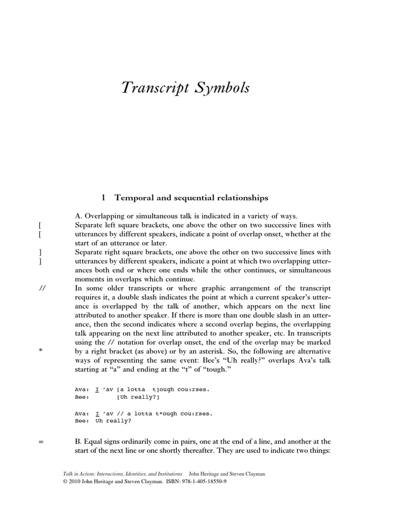Talk in Action - 2010 - Heritage - Transcript Symbols | PDF