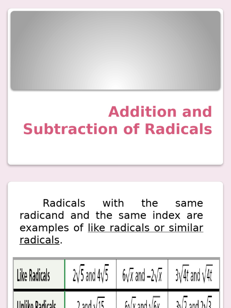 Addition and Subtraction of Radicals | PDF