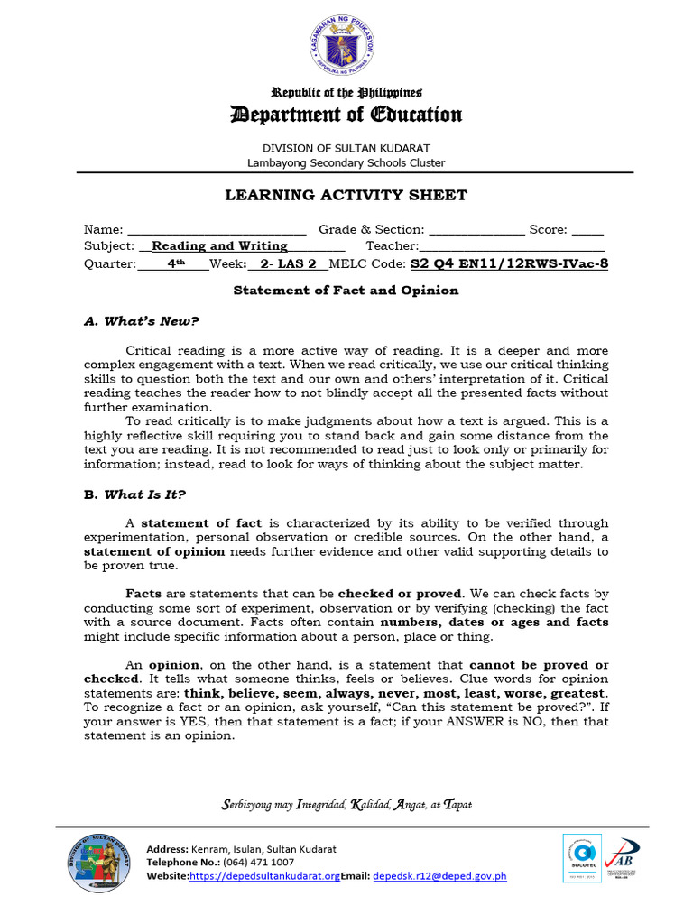 Reading and Writing Week 2 LAS 2 Ivan1 | PDF