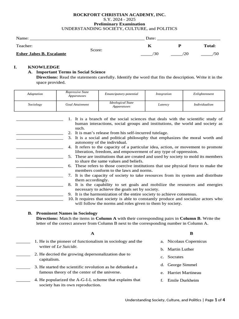 Understanding Society and Politics Exam | PDF | Sociology | Science