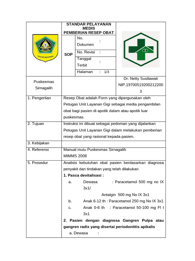 SOP Pemberian Resep Obat (TGL BGN) | PDF