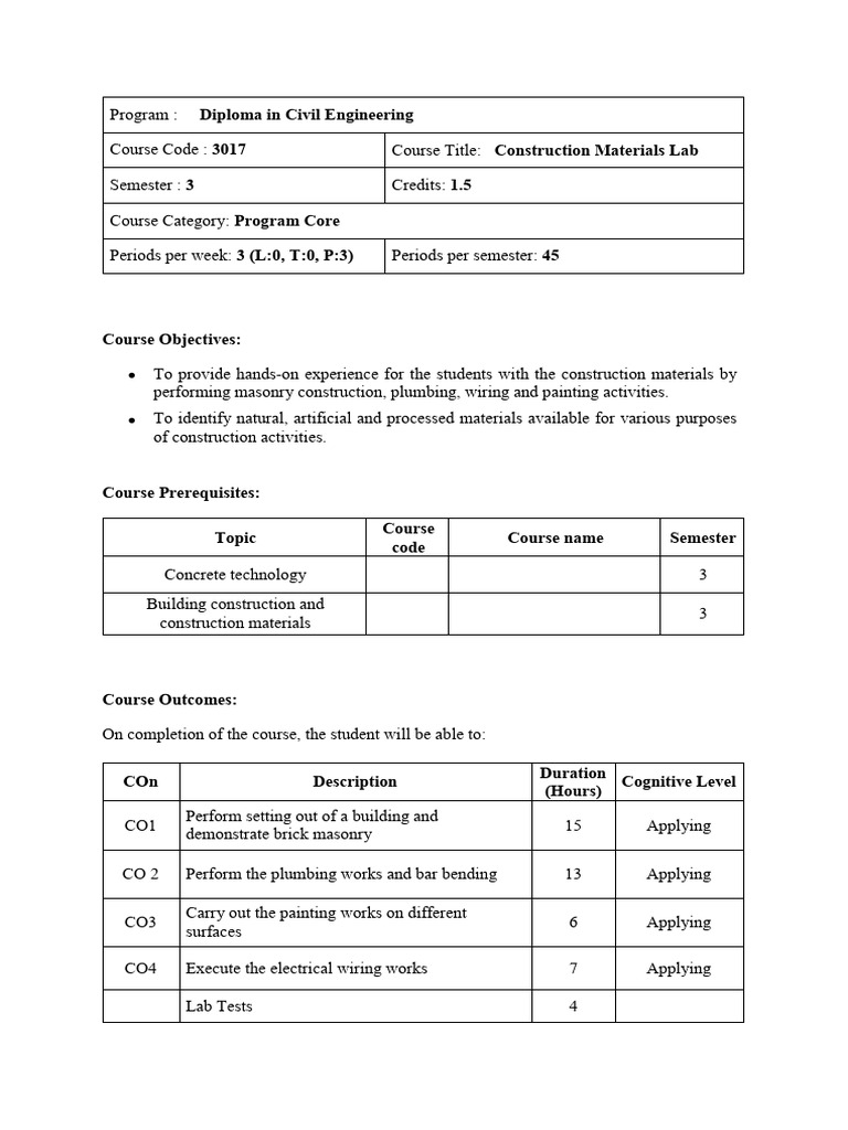 Diploma in Civil Engineering 3017 Construction Materials Lab 3 1.5 ...