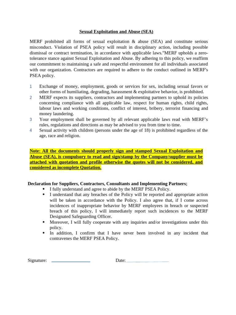 006 - Code of Conduct For MERF Policy On Sexual Exploitation and Abuse ...