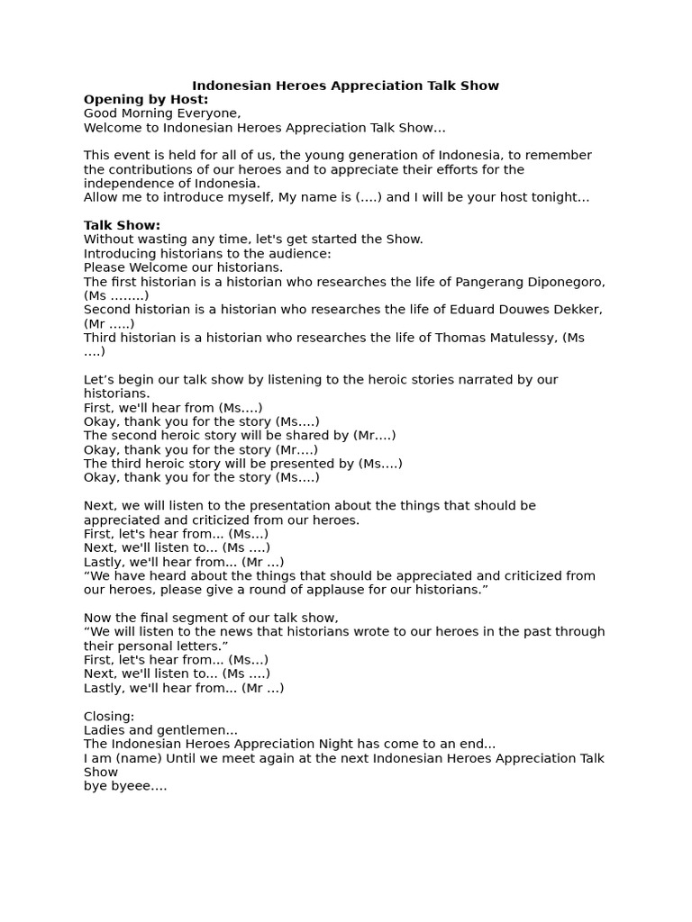 Script For Indonesian Heroes Appreciation Talk Show HOST | PDF