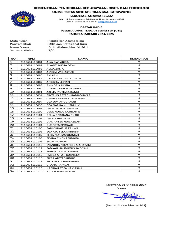 Daftar Hadir Uts Kelas 7C | PDF