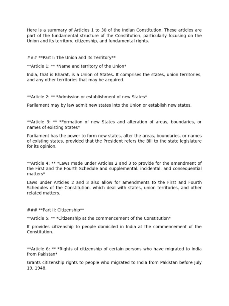 Here Is A Summary of Articles 1 To 30 of The Indian Constitution | PDF
