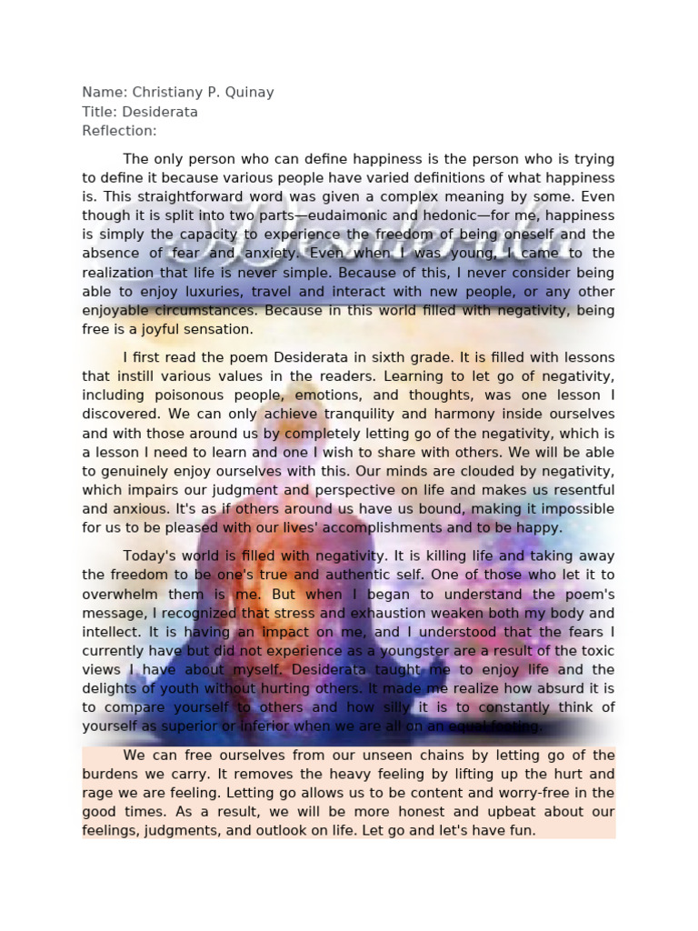 reflective writing sample PDF