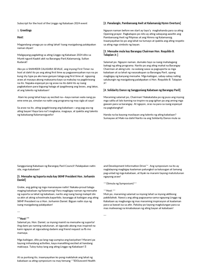 Script For The Host of The Linggo NG Kabataan 20 | PDF