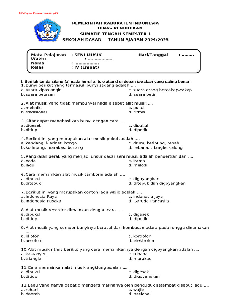 Soal Pts Sts Seni Musik Kelas 4 Semester 1 Kurikulum Merdeka T A 2023