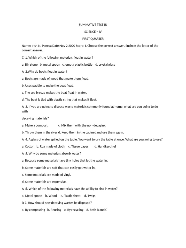 Science IV First Quarter Summative Test | PDF | Mixture | Homogeneity ...