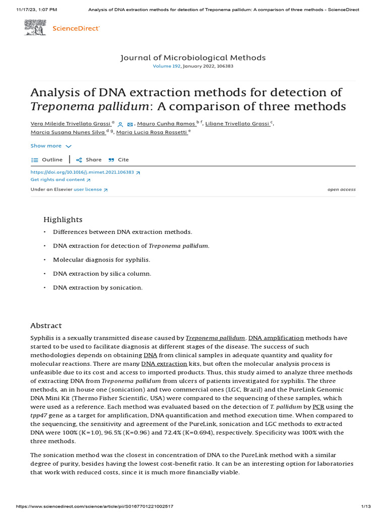 Analysis of DNA Extraction Methods For Detection of Treponema Pallidum ...