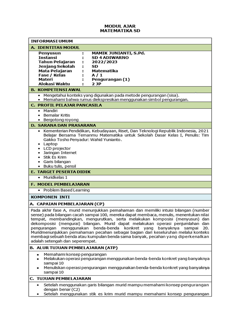 Modul Ajar Kurikulum Merdeka Matematika Fase A Kelas 1 Materi