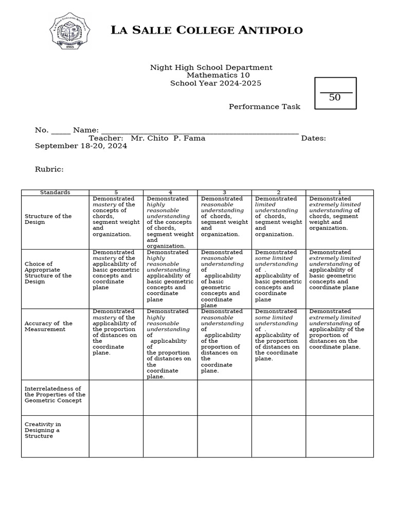 Math 10 NHS Rubric First Trimester Circles SY 2024-2025 Doc 1 | PDF