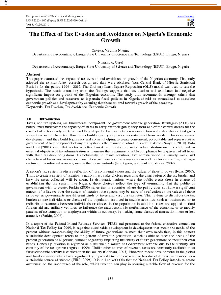The Effect of Tax Evasion and Avoidance On Nigeria's Economic Growth | PDF