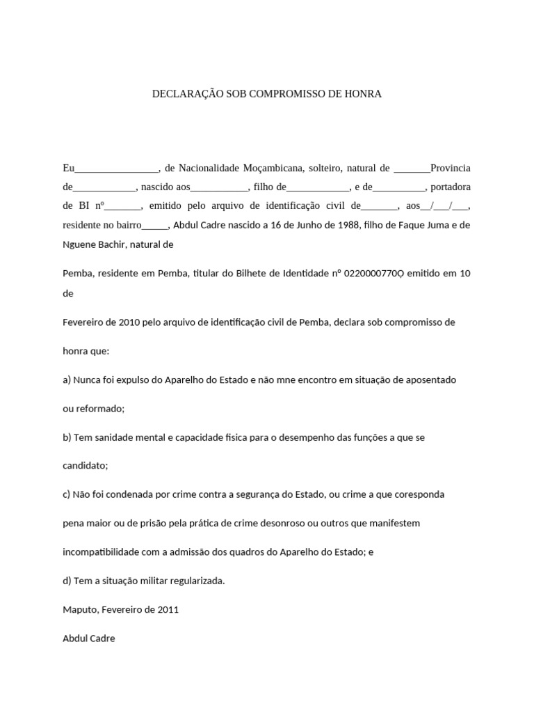 Declaração Comprimisso de Honra | PDF
