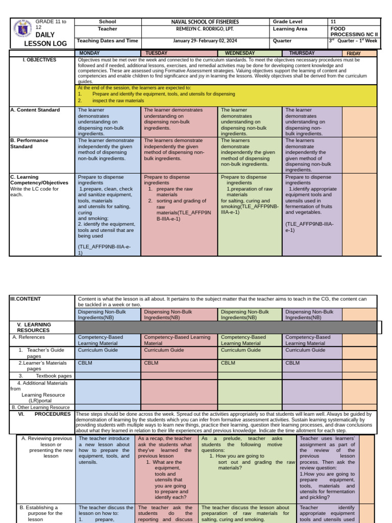 Food Processing Lesson Plan: Week 1 | PDF | Teachers | Learning