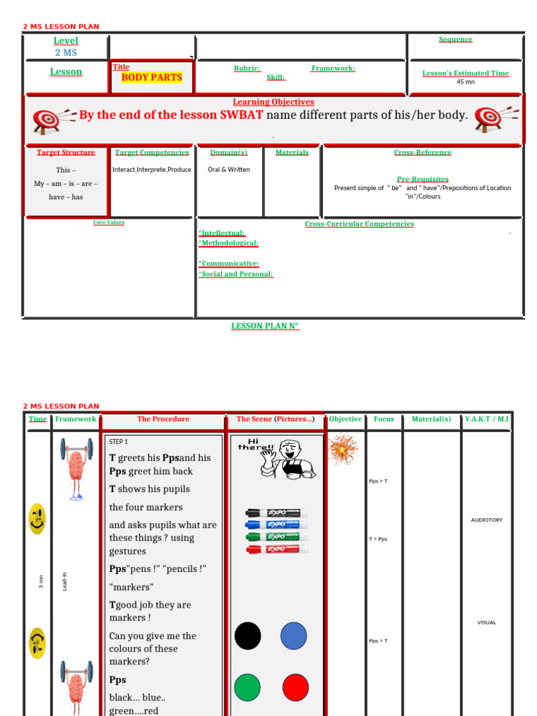 2 MS Sequence 1 Lesson 1 Body Parts | PDF