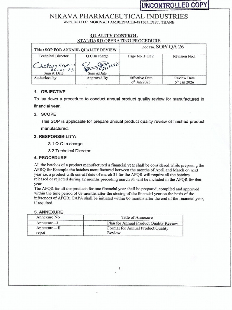 SOP QA 26 APQR | PDF