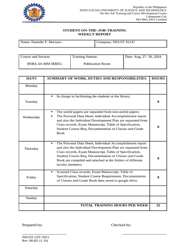 Weekly OJT Report for BSBA Student | PDF