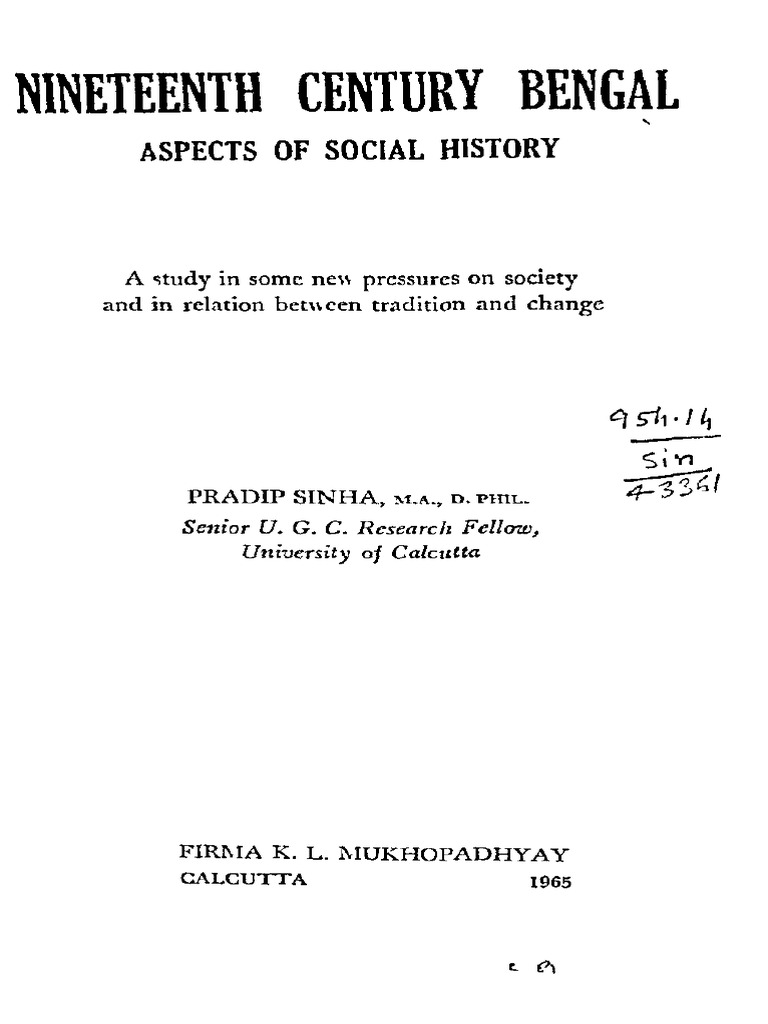 Pradip Sinha, Nineteenth Century Bengal Aspects of Social History | PDF