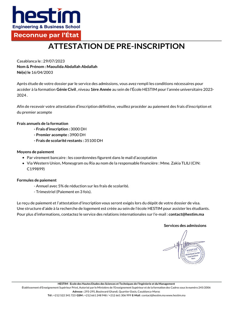 Attestation De Pr Inscription PDF