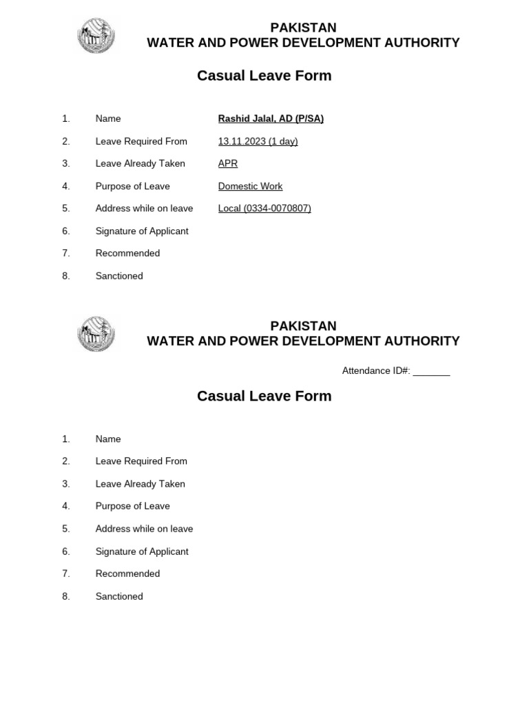 Casual Leave Form | PDF