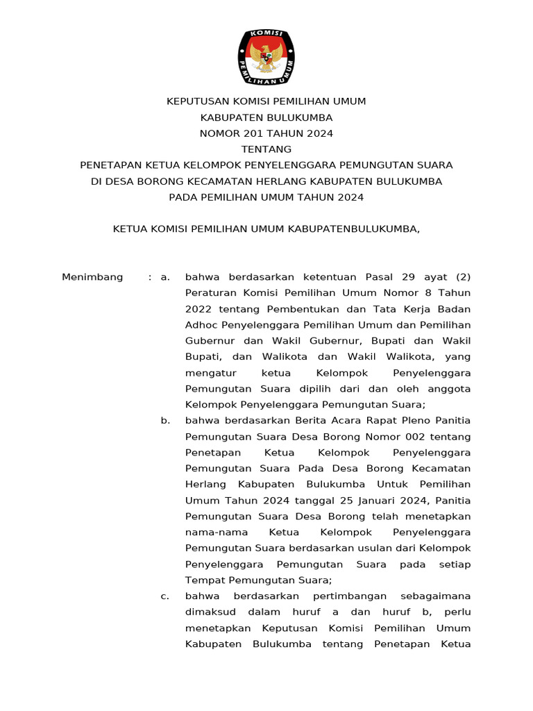 201 - Format Keputusan Ketua KPPS Desa Borong | PDF