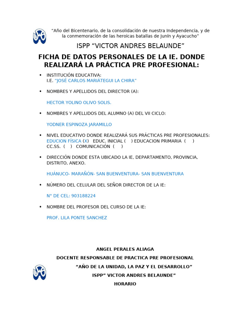 Ficha y Horario de Practica Pre Profesional Vab 2024 | PDF