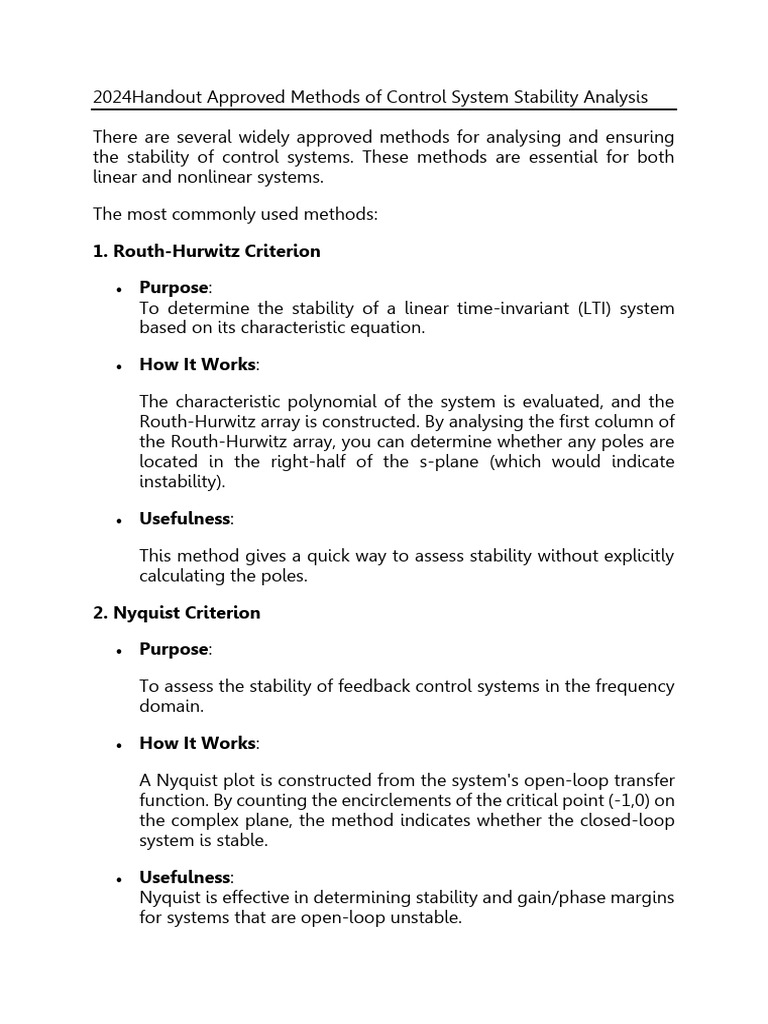 2024handout Approved Methods For Cntrol Systems Stability Analysis | PDF