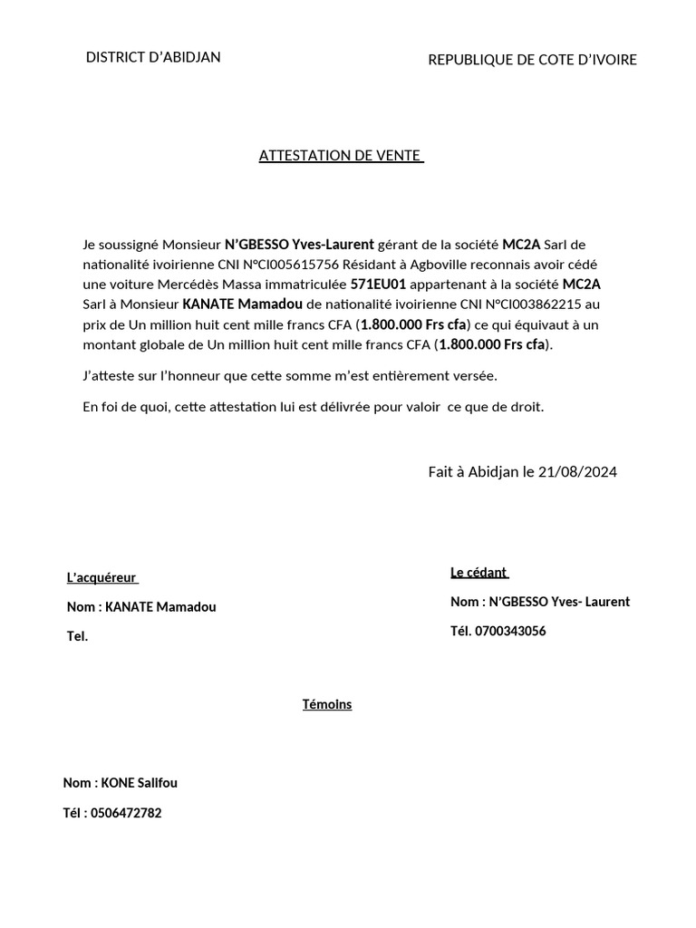 Attestation de vente pdf