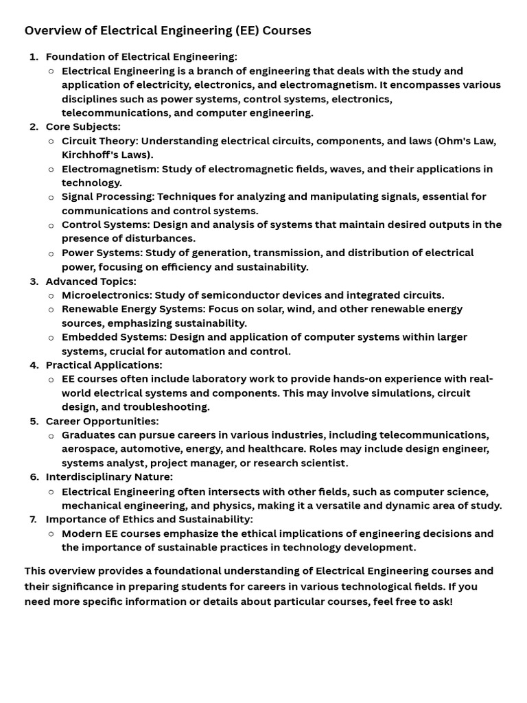 Overview of Electrical Engineering (EE) Courses PDF