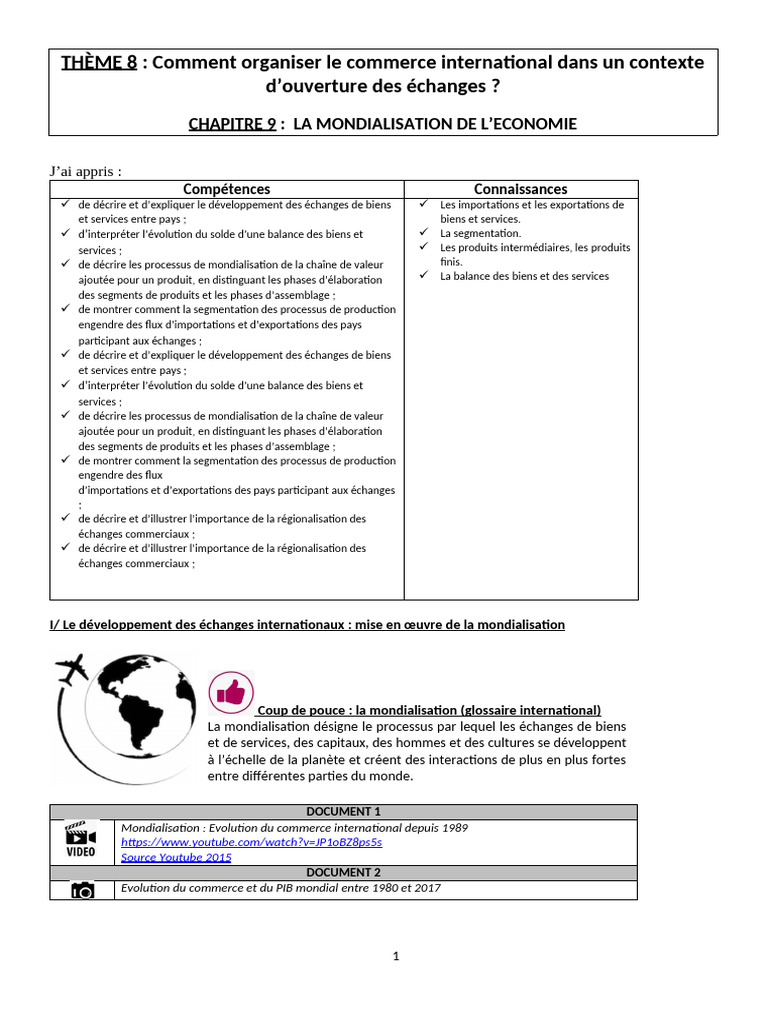 Chapitre 9 Eco La Mondialisation de L'économie Corrigé | PDF