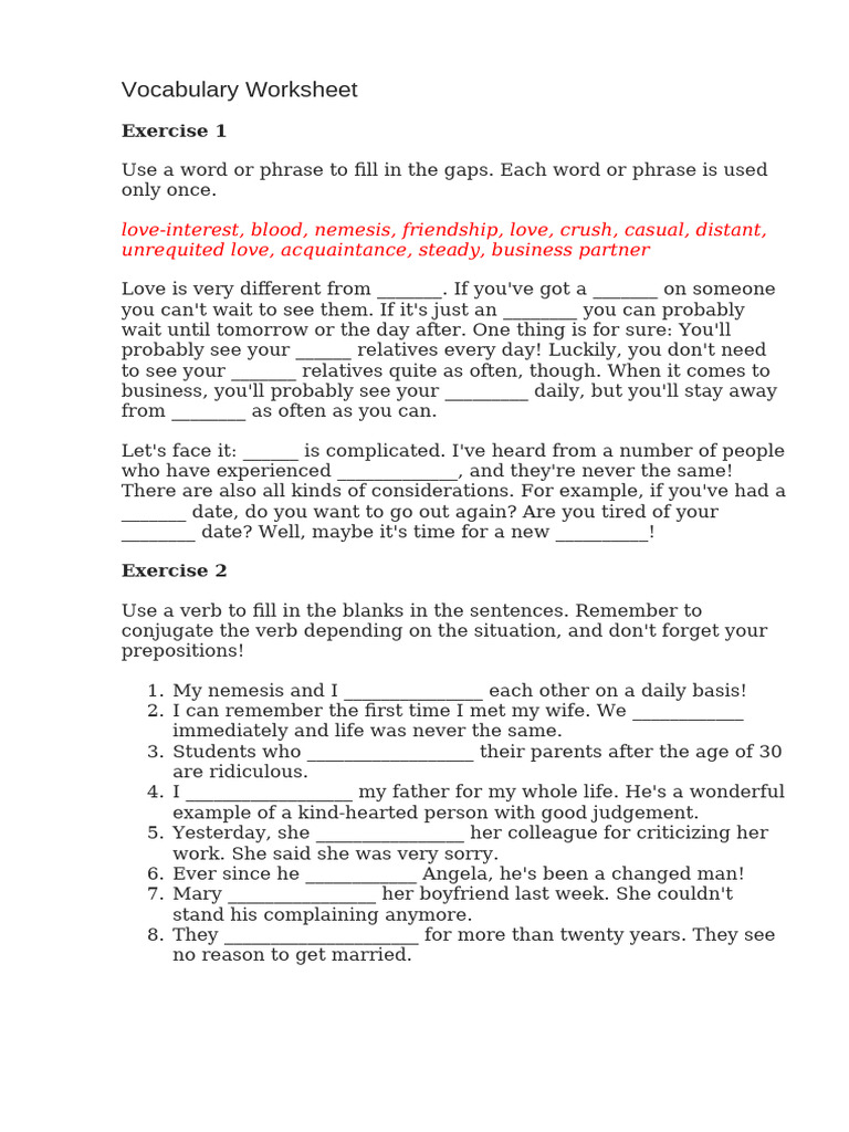 Relationship Vocabulary Pdf