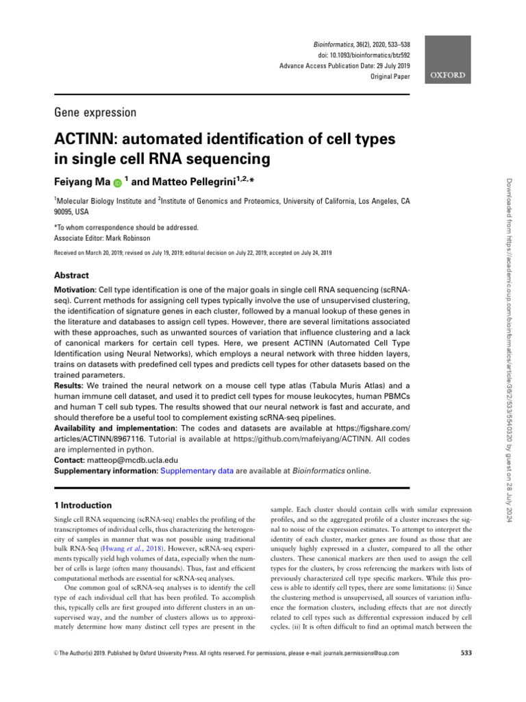 ACTINN Automated Identification of Cell Types | PDF