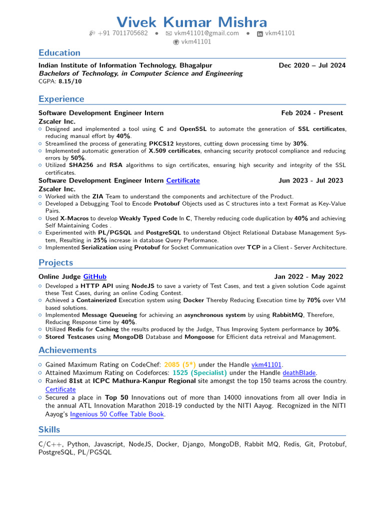 Vivek Kumar Mishra: Software Engineer CV | PDF | Postgre Sql ...