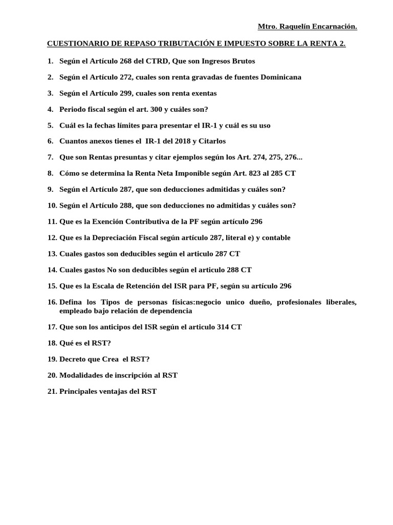 Cuestionario Tributacion e Impuesto Sobre La Renta 2 1p 03-2022 | PDF