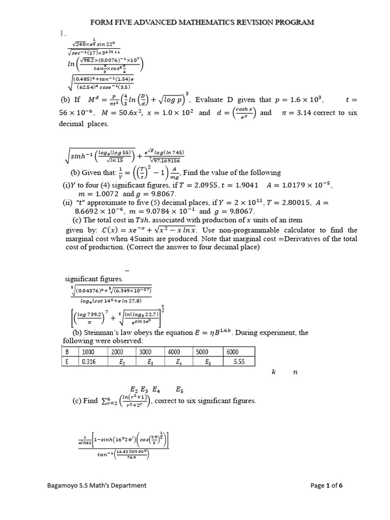 Form Five Advanced Mathematics Revision Program - 103108 | PDF