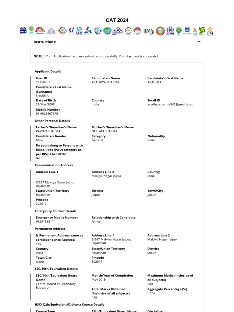 CAT 2024 Form 24 Nov | PDF