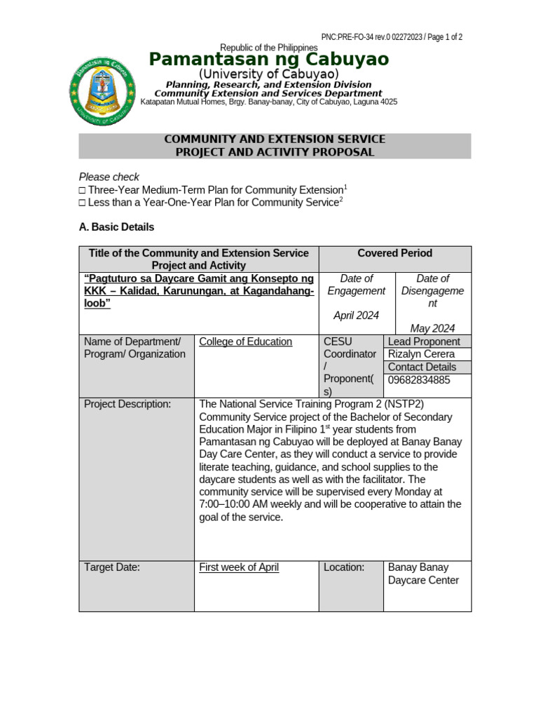 PNC PRE FO 34 Community and Extension Service Activity Proposal ...