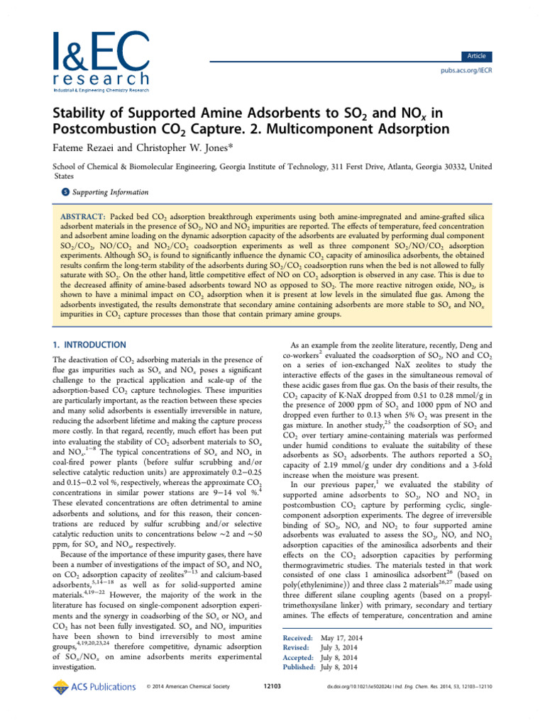 Rezaei Jones 2014 Stability of Supported Amine Adsorbents To So2 and ...