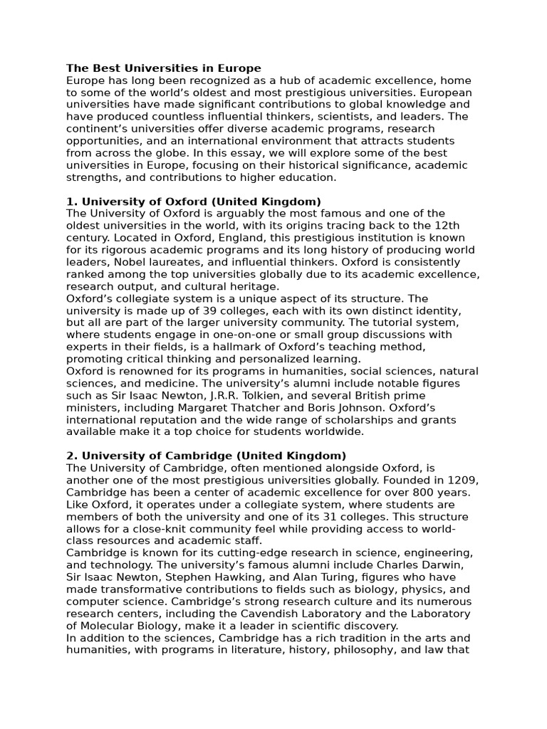 Top Prestigious Universities in Europe | PDF | University Of Cambridge ...