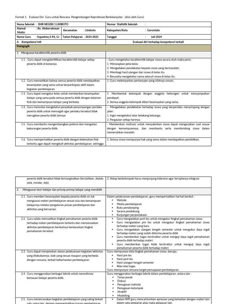 Daftar Evaluasi Diri Kerja Guru | PDF