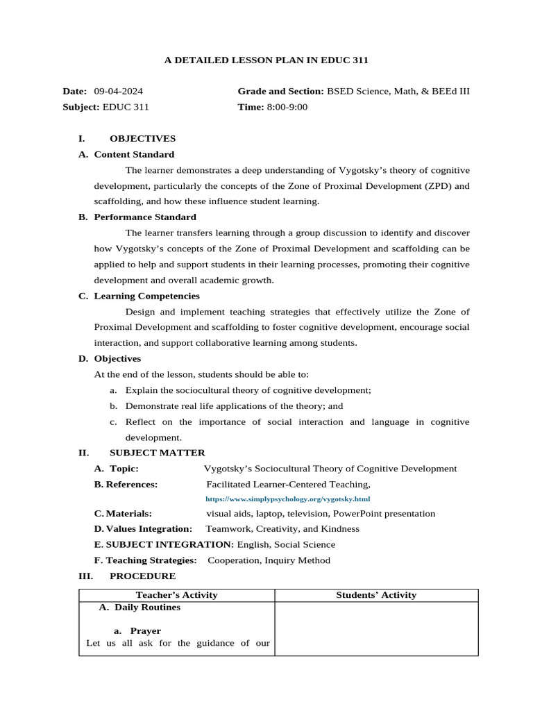 Vygotsky's Cognitive Development Lesson Plan | PDF | Behavior ...