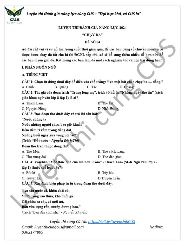 Đề chạy đà 04 CUS | PDF