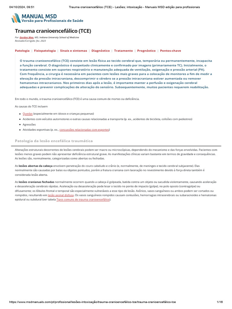 Trauma Cranioencefálico (TCE) - Manuais MSD Edição para Profissionais | PDF