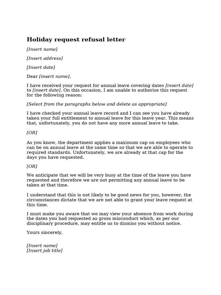 Holiday Request Refusal Letter | PDF