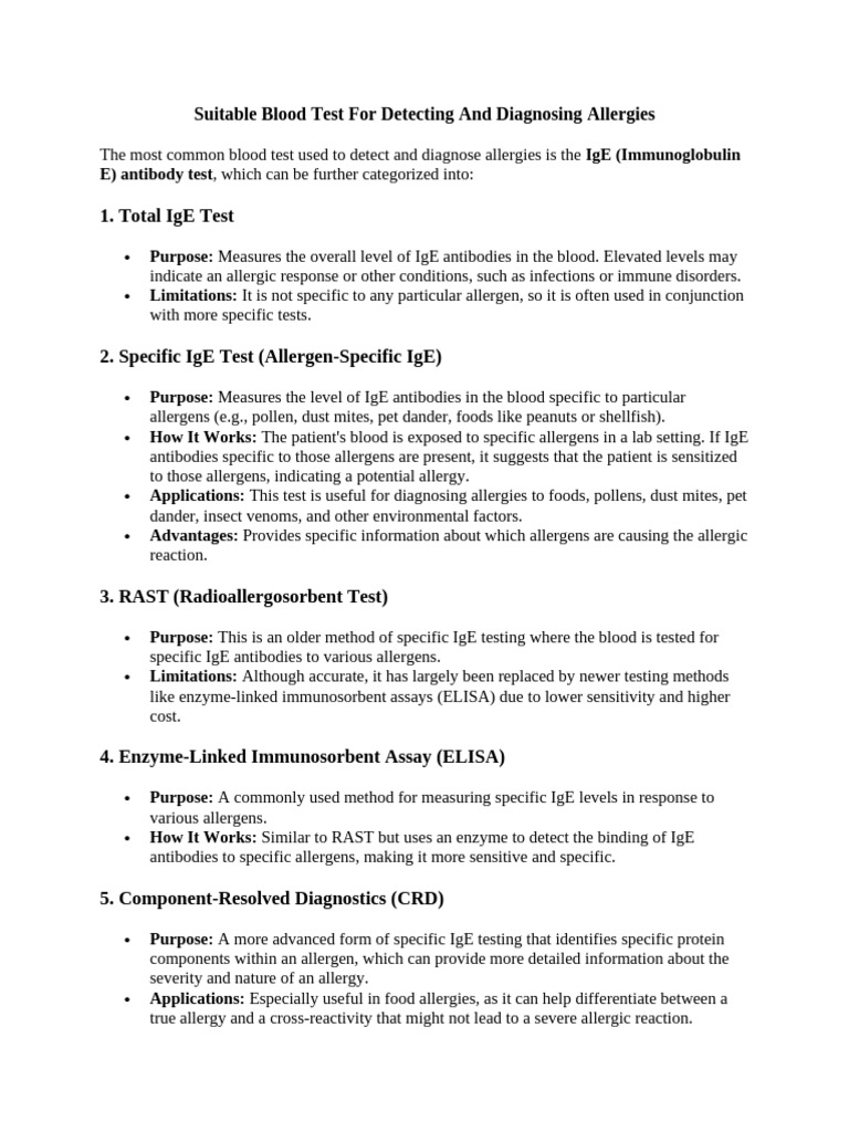 Suitable Blood Test For Detecting and Diagnosing Allergies | PDF